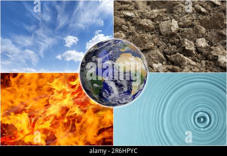 Ensemble de quatre éléments avec globe. Air, Terre, feu et eau Banque D'Images