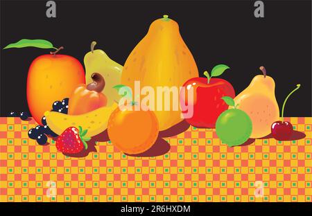 Composition avec fruits assortis sur fond noir. Aucun vecteur de gradient. Très facile à changer de couleur et de composition. Illustration de Vecteur