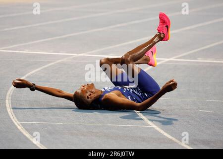 Paris, France. 9th juin 2023. Lamecha Girma, d'Ethiopie, réagit après le steeplechase masculin de 3000m lors de la rencontre sportive de la Ligue des diamants de Paris, en France, au 9 juin 2023. Crédit : RIT Heise/Xinhua/Alay Live News Banque D'Images