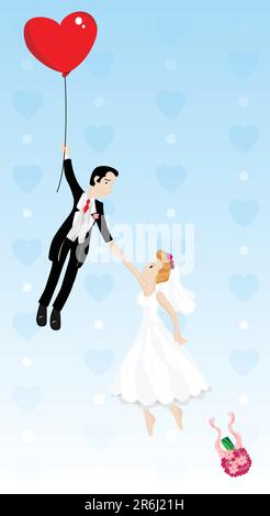 Couple marié à voler avec un ballon en forme de coeur. Image vectorielle très détaillées. Illustration de Vecteur