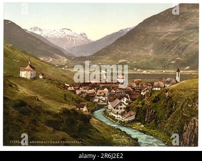 Vallée d'Urseren, Andermatt, Uri, Suisse 1890. Banque D'Images