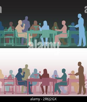 La couleur deux versions de la même scène de vecteur modifiable les personnes mangeant dans un restaurant Illustration de Vecteur