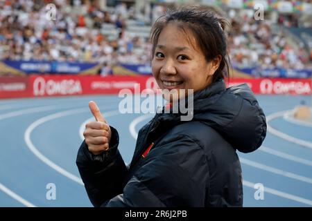 Paris, France. 9th juin 2023. Liu Shiying de la Chine réagit lors de la finale de la course au javelot féminin lors de la rencontre sportive de la Ligue des diamants de Paris, en France, au 9 juin 2023. Crédit : RIT Heise/Xinhua/Alay Live News Banque D'Images