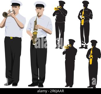 Les membres du groupe jouant de la trompette militaire et saxophone. Illustration vectorielle et silhouette Illustration de Vecteur