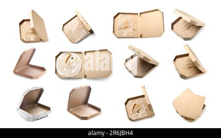 Ensemble de nombreuses boîtes à pizza vides isolées sur blanc Banque D'Images