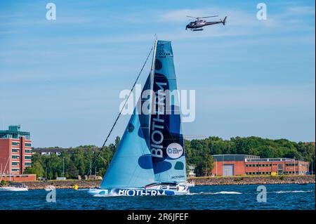 Kiel, Allemagne, 09. Juni 2023, course de l'océan, vol-by à Kiel. Fünf Imoca-Rennyachten in Aarhus gestuor haben am Nachmittag die Wendemarke in de Banque D'Images