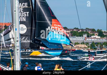 Kiel, Allemagne, 09. Juni 2023, course de l'océan, vol-by à Kiel. Fünf Imoca-Rennyachten in Aarhus gestuor haben am Nachmittag die Wendemarke in de Banque D'Images