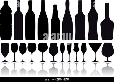ensemble de verres à vin et de silhouettes en bouteille, fond vectoriel Illustration de Vecteur