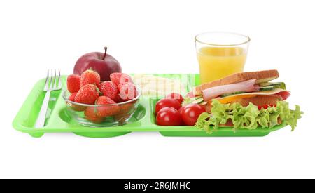 Plateau de service d'aliments sains isolé sur blanc. Déjeuner scolaire Banque D'Images