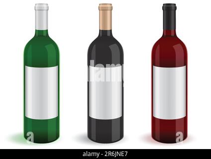 Illustration de trois bouteilles de vin réalistes. Tous les objets et détails sont isolés et regroupés. La couleur d'arrière-plan transparente est facile à personnaliser. Illustration de Vecteur