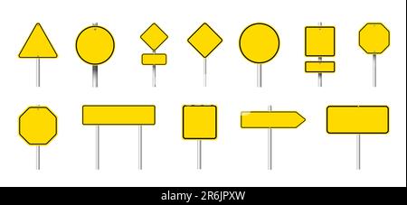 Différents panneaux de signalisation routière vierges jaunes sur fond blanc, motif collage Banque D'Images