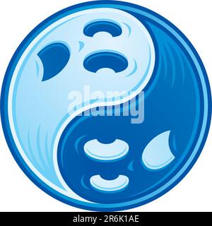 Symbole chinois Yin Yang fait de deux fantômes effrayants dans des nuances contrastées de bleu. Illustration de Vecteur