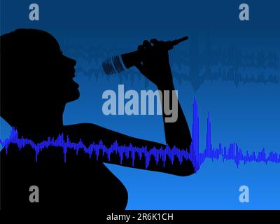 Chanteur de boîte de nuit avec microphone et ondes sonores bleues Illustration de Vecteur