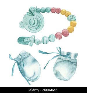 An isolated set of a pair of blue booties with a blue ribbon and nipples with colorful beads for teething.Watercolor illustration, hand-drawn Banque D'Images