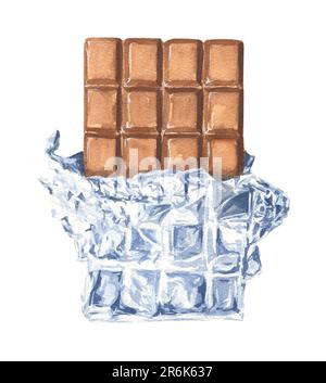 Barre de chocolat aquarelle dessinée à la main, avec emballage en papier d'aluminium, isolée sur fond blanc. Illustration des aliments. Banque D'Images