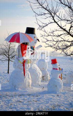 Snowman famille avec figurines animales, paysage d'hiver Snowman famille avec figurines animales, paysage d'hiver Banque D'Images