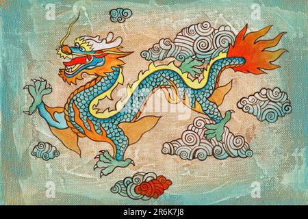 Reproduction peinture Flying Dragon toile acrylique style chinois Banque D'Images