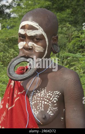 Femme Surma avec plaque à lèvres et plaque à lobes auriculaires, plaque à lèvres, plaque à oreilles, plaque à oreilles, Kibish, Omo Valley, Éthiopie Banque D'Images