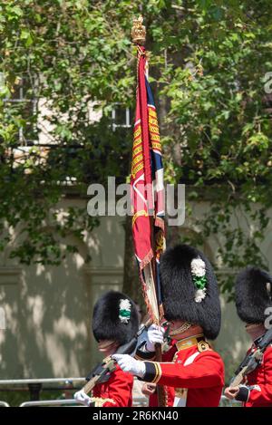 Westminster, Londres, Royaume-Uni. 10th juin 2023. Trooping la couleur doit avoir lieu le 17th juin, et sera la première sous le roi Charles III L'examen est une évaluation finale du défilé militaire avant que l'événement complet ait lieu la semaine prochaine. Pour 2023, la couleur est en train d'être utilisée par le bataillon des gardes gallois de 1st. Les troupes sont passées dans le Mall pour la revue sur Horse Guards Parade, avant de retourner Banque D'Images