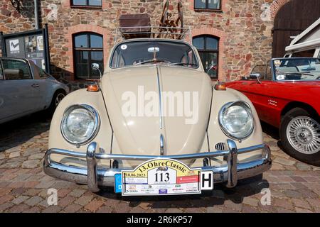 Wolmirstedt, Allemagne. 10th juin 2023. Un vieux VW Beetle est au début de l'Ohre Classic 13th. 110 participants prennent part à la rencontre voiture classique avec leur voiture. Depuis le point de départ du domaine du château de Wolmirstedt, les amateurs de voitures classiques traverseront cette année le nord de Saxe-Anhalt. Credit: Peter Gercke/dpa/Alay Live News Banque D'Images