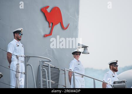 Kure, Japon. 10th juin 2023. Marine royale australienne HMAS Anzac (FFH 150) arrive vendredi à 10 juin 2023, dans la préfecture d'Hiroshima, au Japon, aux activités de la flotte de la Force d'autodéfense maritime du Japon. Photo par Keizo Mori/UPI crédit: UPI/Alay Live News Banque D'Images