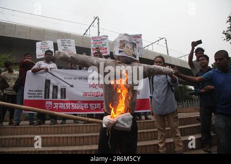 8jun2023 Dhaka Bangladesh, le Comité central du Front de Chhatra de Samajtantrik a brûlé le Ministre des finances, le Koushpuolika, pour demander l'allocation Banque D'Images