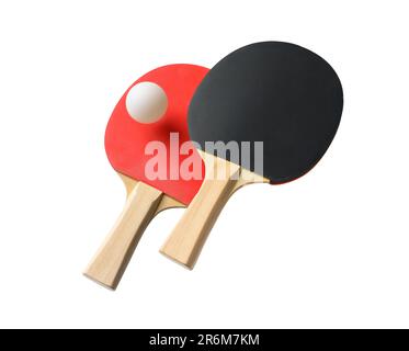 Paire de paddle de tennis de table et balle isolée sur un fond blanc Banque D'Images