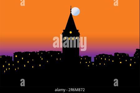 Image vectorielle de la ville d'Istanbul paysage coucher de soleil avec la célèbre tour de Galata Illustration de Vecteur