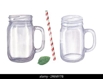 Illustration aquarelle de bocaux en verre vides, de paille à boire et de feuille de menthe isolée sur fond blanc. Verres transparents pour cocktail Mojito. Banque D'Images