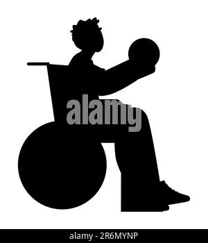 Silhouette noire d'un jeune homme handicapé assis dans un fauteuil roulant et jouant au basket-ball, suivant son rêve, vecteur isolé sur fond blanc Illustration de Vecteur