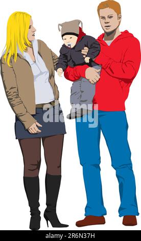 Vector illustration couleur de nouvelle famille heureuse. Père tenant son enfant et de parler avec sa belle épouse Illustration de Vecteur