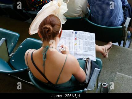 Elmont, États-Unis. 10th juin 2023. Les fans de course portent des chapeaux décoratifs lors de la course de 155th des piquets Belmont à Elmont, New York, samedi, 10 juin 2023. Photo de John Angelillo/UPI crédit: UPI/Alay Live News Banque D'Images