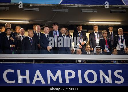 Istanbul, Turquie. 10th juin 2023. Gianni Infantino (à gauche) , le président de l'UEFA Aleksander Ceferin, le président turc Recep Tayyip Erdogan (au centre) et le propriétaire de Manchester City, Sheikh Mansour bin Zayed bin Sultan Al Nahyan (à droite) Manchester City - Inter Mailand UEFA Champions League final 10.06.2023 Credit: Moritz Muller/Alay Live News Banque D'Images