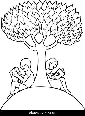 Les enfants des livres de lecture sous un arbre - noir et blanc Illustration de Vecteur