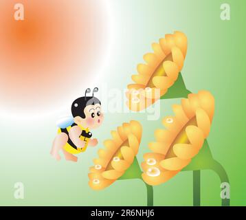 illustration vectorielle pour un bébé abeille se réveiller tôt le matin et aller chercher la rosée sur la fleur Illustration de Vecteur