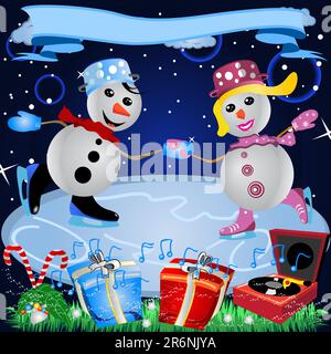 Illustration vectorielle d'un couple de bonhommes de neige dansant sur la glace avec des décorations et un espace pour une bannière. Illustration de Vecteur