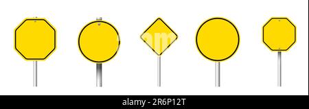 Différents panneaux de signalisation routière vierges jaunes sur fond blanc, motif collage Banque D'Images