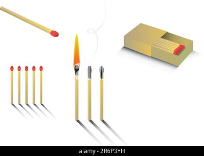 Une section de visuels de match allant d'une boîte de allumettes éteinte à un seul allumette éteint Illustration de Vecteur