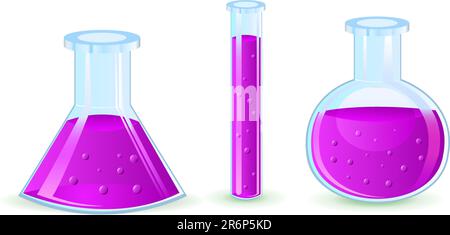 flacons en verre avec substance violette isolés sur fond blanc Illustration de Vecteur
