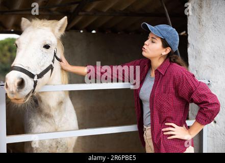 Femme se brossant, marchant, nourrissant des chevaux Banque D'Images