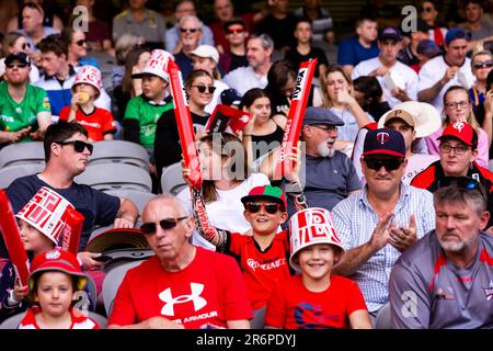 MELBOURNE, AUSTRALIE - 27 JANVIER : les fans de cricket lors du match de cricket de la Big Bash League entre les Renegades de Melbourne et Brisbane chauffent au stade Marvel sur 27 janvier 2020 à Melbourne, en Australie. Banque D'Images