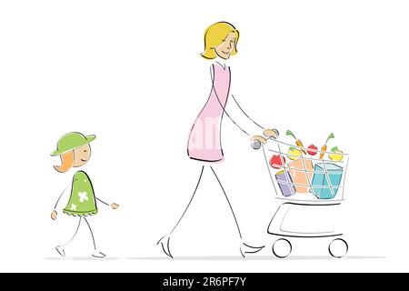 Illustration de mère et fille shopping alors que mère pousse panier Illustration de Vecteur