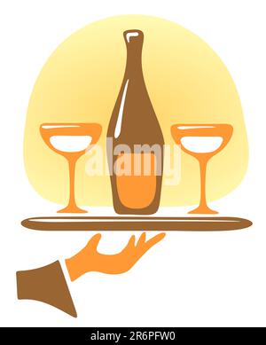Une bouteille de champagne et des verres sur un plateau Illustration de Vecteur