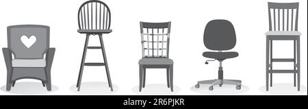 Illustration vectorielle Illustrator 8. Un assortiment de chaises en monotone. Les couleurs globales sont très faciles à modifier. Illustration de Vecteur