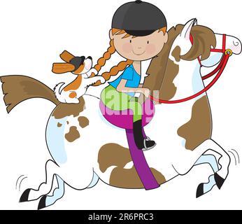 Une petite fille équitation poney peint un avec un Cavalier King Charles Spaniel assis derrière elle et la tenue à ses tresses Illustration de Vecteur