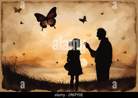 art vectoriel de père avec enfant avec papillons volant. l'art pour l'amour du père Illustration de Vecteur