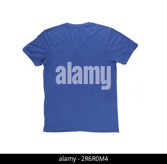 T-shirt bleu pour hommes avec passe-cheveux sur fond blanc. Retour. Banque D'Images