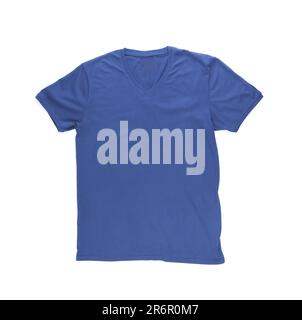 T-shirt bleu pour hommes avec passe-cheveux sur fond blanc. Banque D'Images