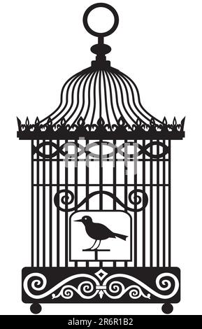 Silhouette d'oiseau solitaire dans une cage, isolée sur fond blanc, graphique vectoriel entièrement évolutif inclus EPS v8 et JPG 300 dpi. Illustration de Vecteur