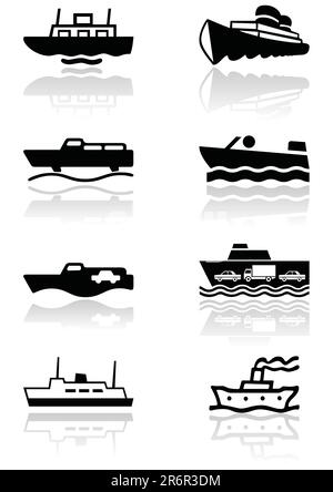 Ensemble vectoriel de différentes illustrations ou symboles de bateau. Tous les objets vectoriels sont isolés. Les couleurs et la couleur d'arrière-plan transparente sont faciles à régler. Illustration de Vecteur